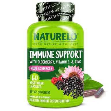 NATURELO Immune Support – Vitamin C, Elderberry, Zinc, Echinacea – Natural Immunity Boost w/Antioxidant, Herbal & Mineral Defense - 60 Vegan Capsules