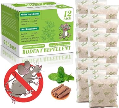 Natural Mouse Repellent Pouches 12 Pack – Peppermint Oil Rodent Repellent Indoor for Home, Garage, Car & RV – Pest Control Pouches Long Lasting Mice Deterrent, Safe for Kids & Pets