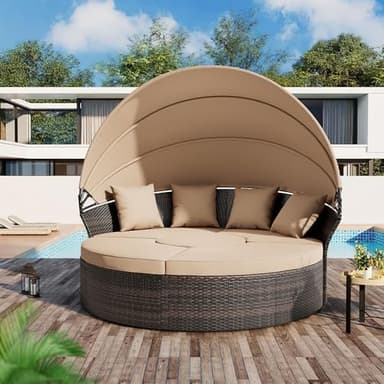 Crownland Outdoor Patio Canopy Bed Round Daybed with Washable Cushions, Clamshell Sectional Seating Wicker Furniture with Retractable Canopy for Backyard, Porch, Pool Round Bed (Brown)