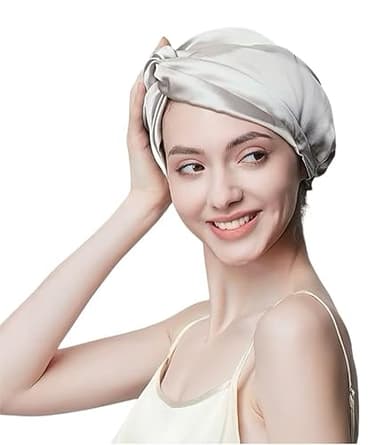 SereLune 100% Mulberry Silk Bonnet Sleep Cap, Double Layer Silk Turban/Bonnet, Shower Cap, Fit for Night Hair Care, 9 Colors (Silver, Adjustable Band)