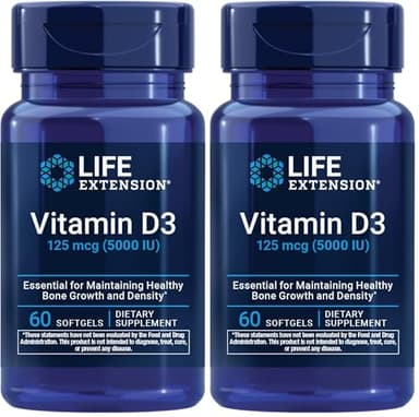 Life Extension Vitamin D3 125 mcg (5000 IU), Bone Health, Brain Performance, Immune System Support, Gluten-Free, Non-GMO, Once Daily, Two-Month Supply, 60 Softgels (Pack of 2)