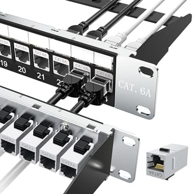 Jadaol [UL Listed] 24-Port Shielded Cat6A Patch Panel, 19” 1U Rackmount/Wall Mount Feed-Through RJ45 Panel with 24 Preloaded Shielded Keystone Couplers + 1 Spare, Up to 10Gbps, Cable Management Bar