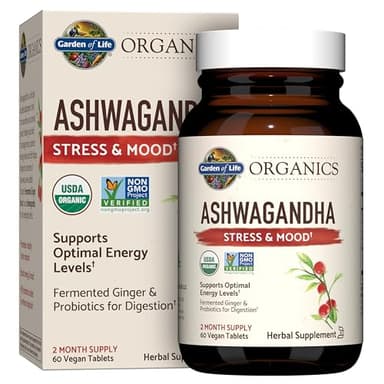 Garden of Life Organic Ashwagandha Supplement with Probiotics & Ginger - Stress, Mood & Energy Support, Vegan, Gluten Free, Non GMO, 2 Month Supply, 60 Tablets