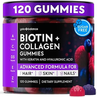 YOLOBALANCE Biotin Gummies 10000mcg for Hair Growth Support - Sugar Free Multi Collagen with Keratin, Silica & Hyaluronic Acid - Pectin Based, Soft Chew Hair Skin and Nails Vitamins - 120 Count