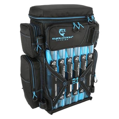 Evolution Fishing Drift Series 3700 Tackle Backpack with QuikLatch System & 2 Rod Holders – Blue, Heavy Duty Fishing Backpack w/ 6 Tackle Trays