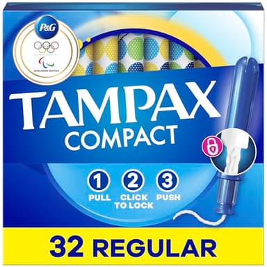 Tampax Compact Pearl Tampons for Women, with LeakGuard Braid & Extendable Applicator, Regular Absorbency, Compact Extendable Applicator, Unscented, 32 Count