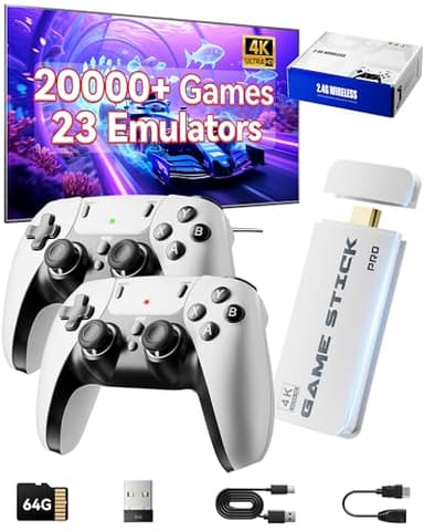 2026 Upgraded Retro Gaming Console, 20,000+ Retro Game Stick, 23 Emulators, 4K HD HDMI TV Game Stick, Built-in Classic Video Games, Plug & Play Game Console for TV 2 Wireless Controllers (Black)