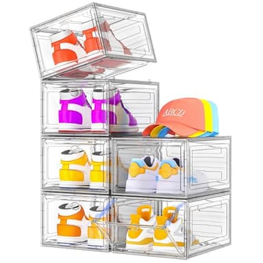 7 code Shoe Organizer, Clear Thickened Stackable Shoe Boxes with Magnetic Door, Collapsible Closet Storage Rack for Sneakers & Boots, 6 Pack White, Virgin Material, Not Recycled Plastic for Household