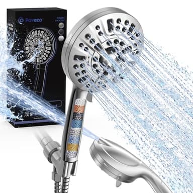 Pavezo® High Pressure Shower Head Handheld 5" Large, Extra Long 60" SS Hose 10-mode Portable Detachable Shower Head with Hard Water Filter for Bathroom, Anti-clog & Powerful to Clean Tile & Pets