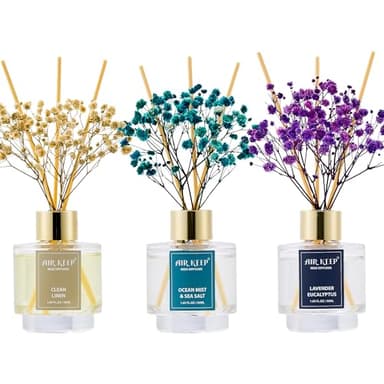 Airkeep Reed Diffuser Set of 3,Clean Linen Ocean Mist&Sea Salt Lavender Eucalyptus Oil Reed Diffusers for Bedroom Living Room Office Aromatherapy Oil Reed Diffuser for Gift 50ml x 3