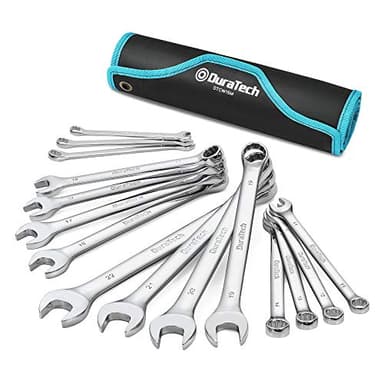 DURATECH Combination Wrench Set, Metric, 15-Piece, 8, 9, 10, 11, 12, 13, 14, 15, 16, 17, 18, 19, 20, 21, 22mm, 12-Point, CR-V Steel, with Rolling Pouch