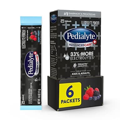 Pedialyte AdvancedCare Plus Electrolyte Powder, Has 33% More Electrolytes and PreActiv Prebiotics, Berry Frost, 6 Powder Packets