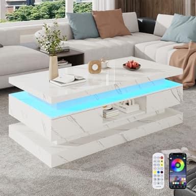 47.2 inch Modern High Glossy LED Coffee Table with 2 Sliding Drawers, Double-Layer Center Tables with LED Lights for Livings Room Furniture, White