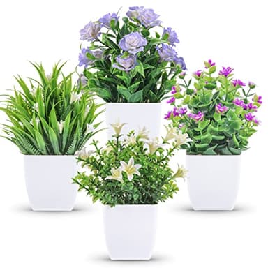 Der Rose 4 Pack Small Fake Plants with Flowers, Spring Home Bathroom Decor