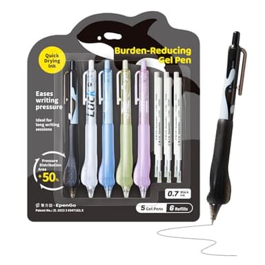 EpenGo 0.7mm Fine Point Gel Pens with Ergonomic Grip - Smooth Writing Black Ink, Retractable Click Pen, 5 Pens + 6 Refills Pack, Great Gift for Office, School, Nurses & Adults