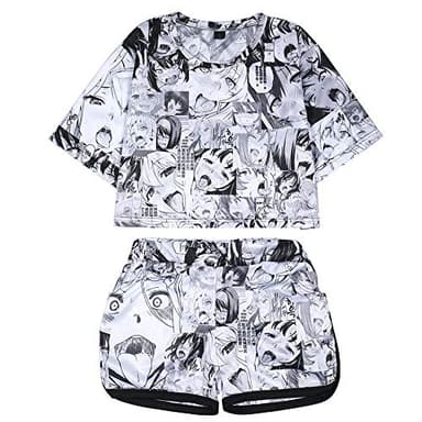 Quker Bean Women's Ahegao Face Print 2 Piece Outfits Crop Top and Shorts Pajamas Set XS-2XL (XL) Gray
