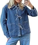 PLNOTME Womens Jean Jacket Tie Front Denim Shacket Tops Fall Fashion Long Sleeve Shirts Coat with Pockets