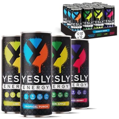 Yesly Energy Drink, Variety Pack, Naturally Flavored Sparkling Energy Drink With Electrolytes, Magnesium, Potassium, Vitamin C, B6 & B12, Natural Caffeine From Green Tea, 12 Fl Oz Cans, 12 Pack