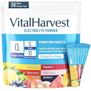 VitalHarvest 36 Sticks Electrolytes Powder Packets 6 Flavors Sugar Free Hydration Packets Electrolyte Liquid Daily IV Drink Mix with Lemon Lime, Watermelon, Orange, Raspberry, White Peach, Blueberry