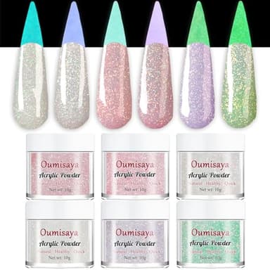 Glow in The Dark Glitter Nail Acrylic Powder 6 Colors Set for Pink White French Nail Art Design