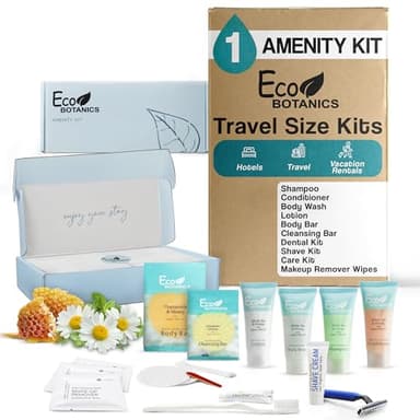 Eco Botanics Amenity & Accessory Kit | 0.85 oz Travel Size Shampoo, Conditioner, Lotion, Body Wash, Body Bar, Cleansing Bar, Shave & Dental Sets, Make-Up Remover Wipes, & Vanity Kit | 1 set per case