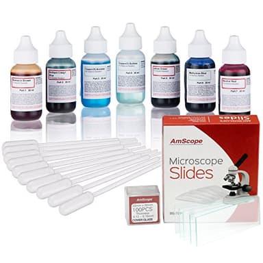 AmScope - Microscope Vital Stain Kit for Living Cells - 6 Microscope Slide Stains + 72 Blank Slides + 100 Coverslips +10 Pipettes for Specimen Transfer - SK6-72P100S22-PP10
