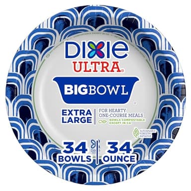 Dixie Ultra Extra Large Paper Bowls, 34 oz, 34 Count, Compostable, Microwave Safe, Disposable Bowls for Heavy Meals, Soups, Stews, and Everyday Use