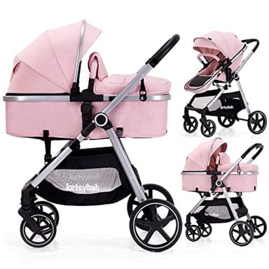 Lortsybab 2-in-1 Baby Stroller - Folding Infant Newborn Pram Stroller with Reversible Seat - Toddler Strollers for 0-36 Months Old Babies (Pink)