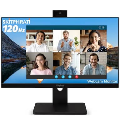 SKitphrati 23.8” Business Webcam Gaming Monitor, 1080P IPS 120HZ, Video Conference Monitor - Built-in Adjustable 3MP Webcam, Mic Array, Speakers, Eye Care, Frameless, HDMI, DP, VGA, USB 2.0