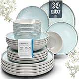 32 Piece Dinnerware Sets for 8 - Modern Style Stoneware Dinnerware Set - Scratch Resistant, Dishwasher Safe Plates and Bowls Sets Ceramic, Dish Set, Bowl and Plate Set - Beige and Blue…