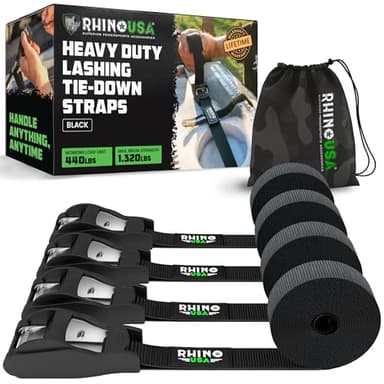 Rhino USA Lashing Straps Cargo Tie Downs (4PK) - 1,320lb lab Inspected Max Break Strength, Includes (4) Heavy Duty 1in x 12ft Cam Buckle Pull Straps. Best for Kayak, Cooler, Cargo