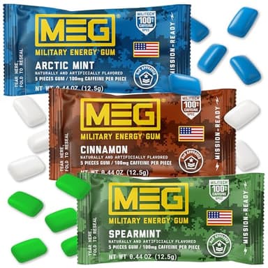 MEG - Military Energy Gum | 100mg of Caffeine Per Piece + Increase Energy + Boost Physical Performance + Multi Flavors of Arctic Mint, Spearmint, & Cinnamon + 3 Packs (15 Count)