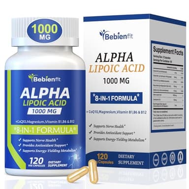 Alpha Lipoic Acid 1000mg Neuropathy Supplements Capsules, 8-IN-1 ALA for Nerve Health in Hands & Feet, Nervous System and Antioxidant with Magnesium Glycinate, CoQ10 & B1, B6, B12 – Vegan 120 Caps