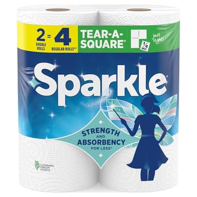 Sparkle Tear-A-Square Paper Towels, 2 Double Rolls (220 Sheets Total) - Strong 2-Ply Towels for Kitchen Cleanup and Everyday Messes