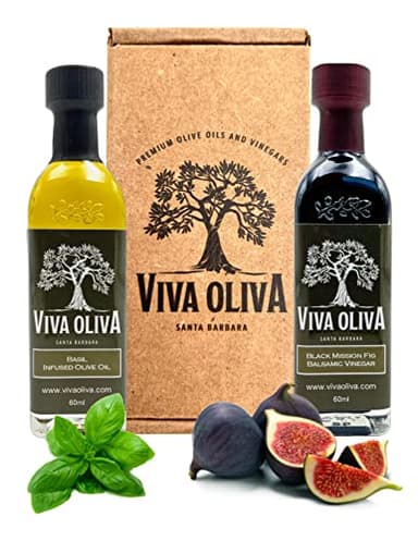 Viva Oliva Two 60ml (2oz) Variety Gift Set - Basil Infused Olive Oil and Black Mission Fig Dark Balsamic Vinegar - Premium Quality - 100% Natural