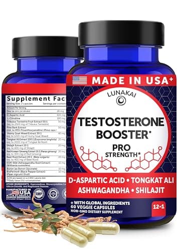 Lunakai USA Made Natural Testosterone Booster for Men with Tongkat Ali, Ashwagandha & Shilajit - Testosterone Supplement for Strength, Energy & Stamina, 60ct