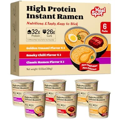 Healspot High Protein Instant Ramen Variety Pack (6 Cups) - 32g Plant-Based Protein, Non-Fried, Low Carb, Low Fat, Non-GMO, Keto & Vegan Friendly (Golden-Chicken,Smoky-Beef,Classic-Pork)