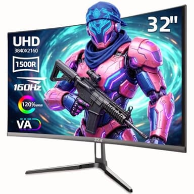 ZZA 32" Curved Gaming Monitor, 4K UHD (3840 x 2160) VA Display, 1500R Immersion, 144Hz/160Hz Refresh Rate, Advanced Computer Screen, Supports AMD FreeSync Premium, 120% sRGB Color Gamut,HDMI 2.1/DP1.4