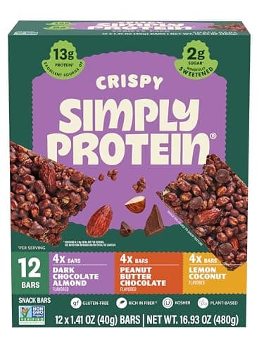 Simply Protein - Crispy Vegan Protein Bars Variety Pack, 3 Flavors - Plant Based, Protein Snacks - 13g Protein, 2g Sugar, 7g Fiber - Gluten Free, Non GMO, Kosher - 12 Bars