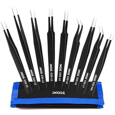 XOOL 9 PCS ESD Precision Tweezers Set, Anti-Static Stainless Steel Tweezers Kit for Electronics, Soldering, Craft, Jewelry, Model Building