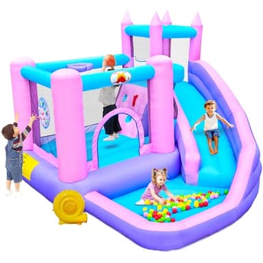 WELLFUNTIME Inflatable Bounce House with Slide, Kids Jumping Castle with Blower, Ball Pit, Climbing Wall, Dartboard, Basketball Hoop, 108x122x86 Inch