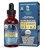 USDA Organic Liquid Vitamin D3 K2 Drops for Adults | Superdose 8000IU Pure Vitamin D3 | 60 Serv | Vitamin D K2 Supplement for Immune Support & Bone Health | 98% Absorption | Vegan, Non-GMO | 2 Fl Oz