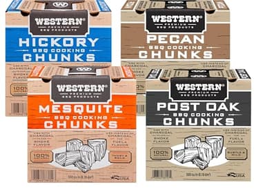 Western Wood Smoking Chunks Variety Pack – 4 Boxes (500 cu in Each) – Mesquite, Hickory, Pecan & Oak – All-Natural BBQ Wood for Grilling, Smoking Beef, Pork, Poultry & More (Variety Pack, Wood Chunks)