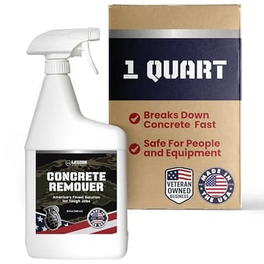Legion Chemicals Heavy Concrete Remover – Dried Concrete & Cement Dissolver (Non-Corrosive, Biodegradable Acid Alternative), Safe on Equipment, 1-Quart Spray