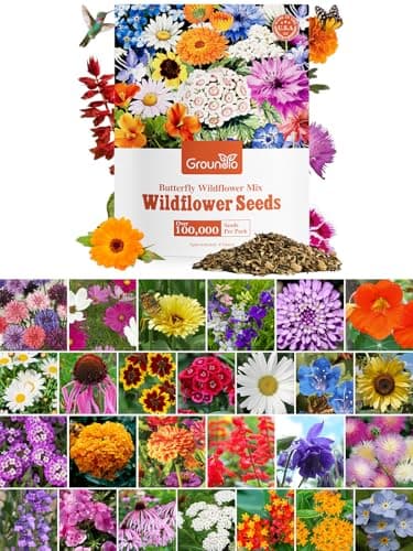 Groundio Wildflower Seeds Bulk, 1/4 lb, 100,000+ Seeds, 26 Variety Mix with Zinnia, Milkweek Seed, Attracts Pollinators, Plant in Spring or Fall, Zones 3, 4, 5, 6, 7, 8, 9, 10