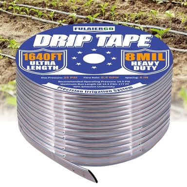 FULAIERGD 1640FT 5/8" Drip Tape Irrigation - 8 Mil 0.5 GPH 6" Spacing, Silver Reflective Anti-Bird Pecking Drip Tape, UV Resistant Heat-Safe for Seedlings, Ideal for Garden Farm Greenhouse Patio