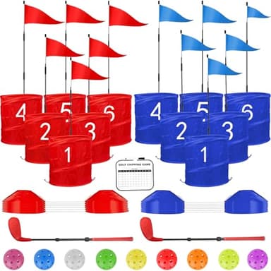 Bucket Golf Game Set with 2 Adjustable Clubs 12 Holes (Red & Blue) Indoor Outdoor Backyard Chipping Game for Beginner-Friendly, Portable for Lawn Yard Beach Park Camping, Includes Balls & Flags