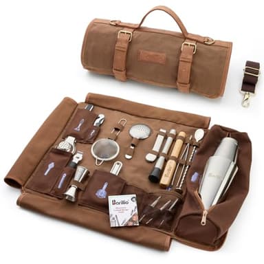 Barillio Bartender Kit Bag with Cocktail Shaker Set - Waxed Canvas, Traveling Bar Tools Bag with 17-Pc Cocktail Kit - Travel Mixology Bartending Kits - Mobile Bar Roll with Strap & Accessories