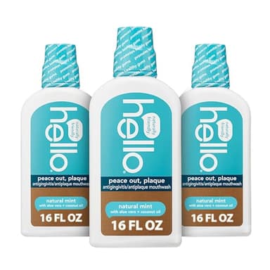 Hello Peace Out Plaque, Antigingivitis Alcohol Free Mouthwash, Natural Mint with Aloe Vera and Coconut Oil, Fluoride Free, Vegan, SLS Free and Gluten Free, 16 Ounce (Pack of 3)