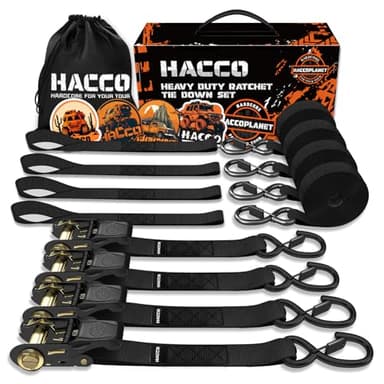Haccoplanet Ratchet Tie Down Straps, 2340lb Break Strength, 4pc 1inch x 16FT Tie Down Strap Set with Padded Handles & Coated S Hook W/Safety Clip, Cargo Strap Tie Down for Motorcycle, Truck (Black)